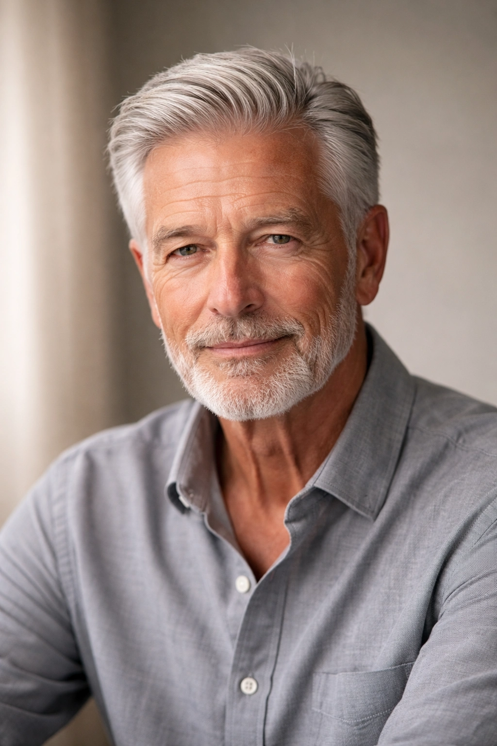 Portrait of an older man with silver hair in a low-maintenance style, studio lighting.