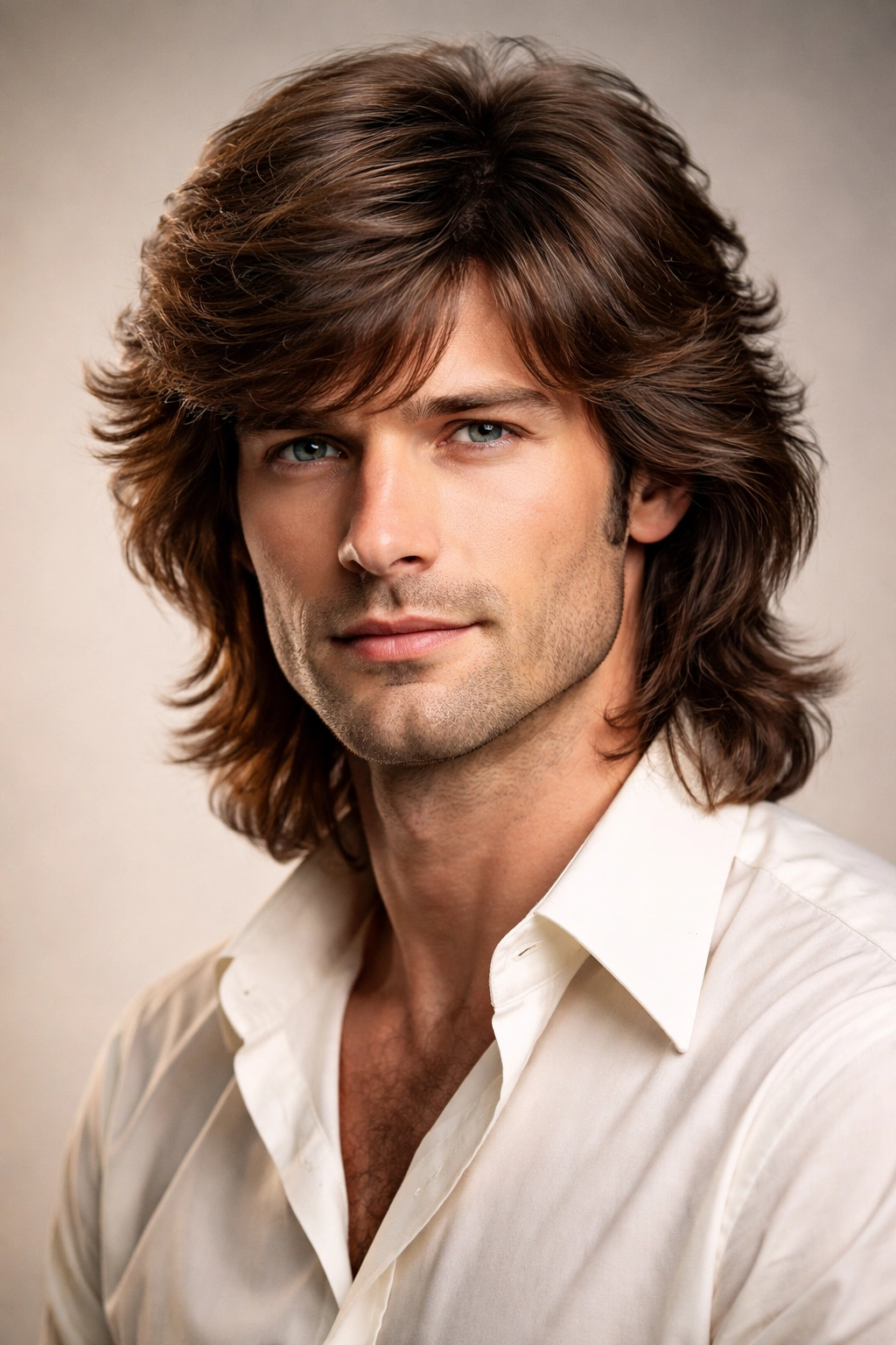 Portrait of a man with a 1970s shag hairstyle, timeless style