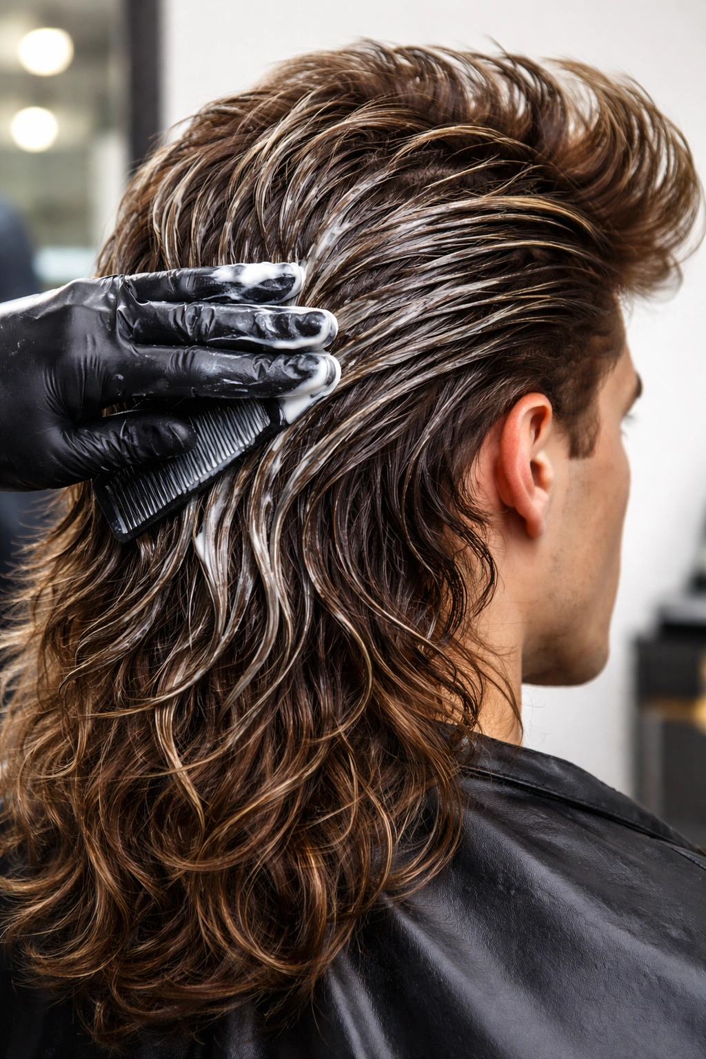 Close-up of hair being deep-conditioned in a salon for 1980s style maintenance
