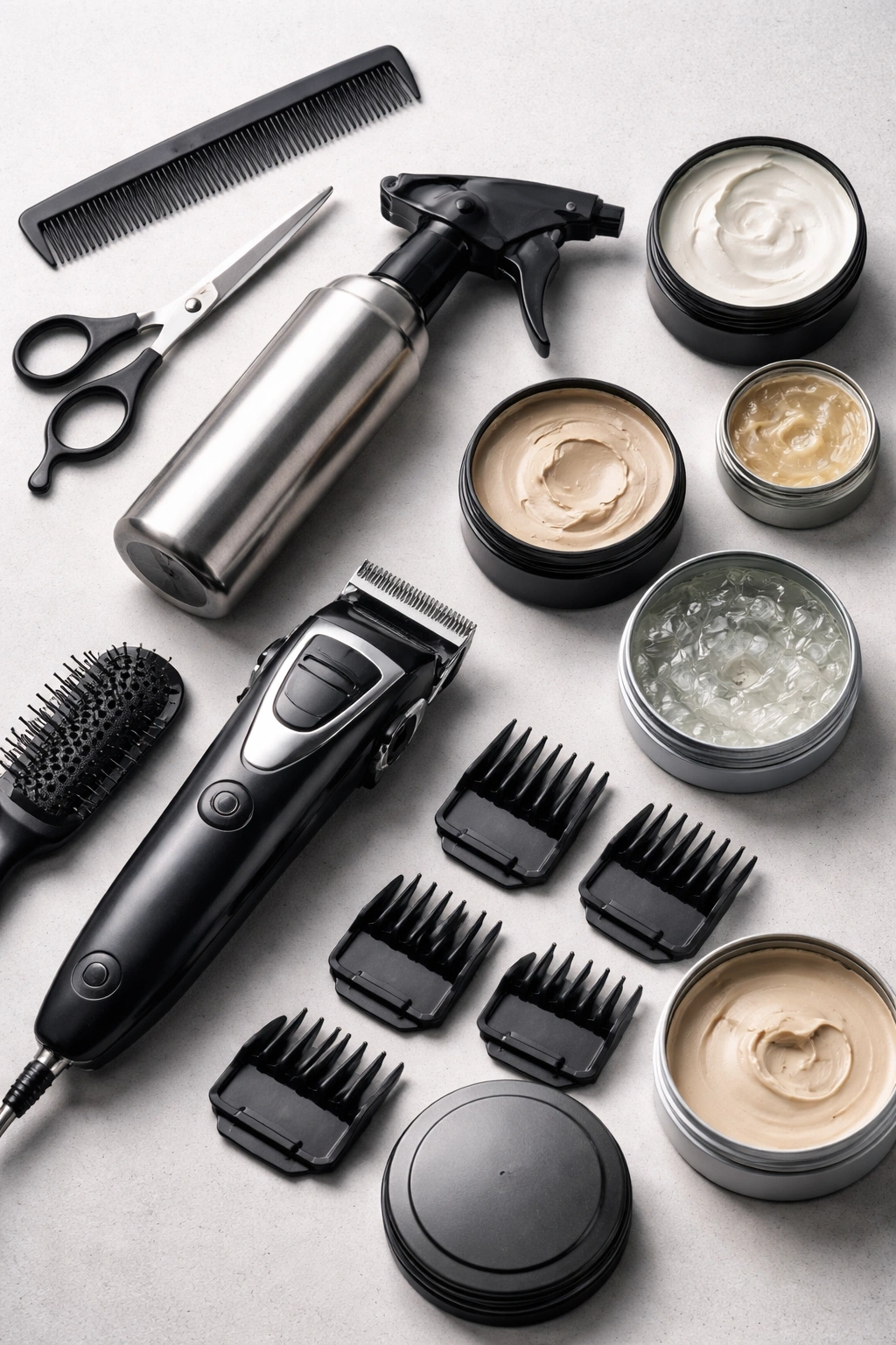 Still life of maintenance tools and products for 90s hairstyles