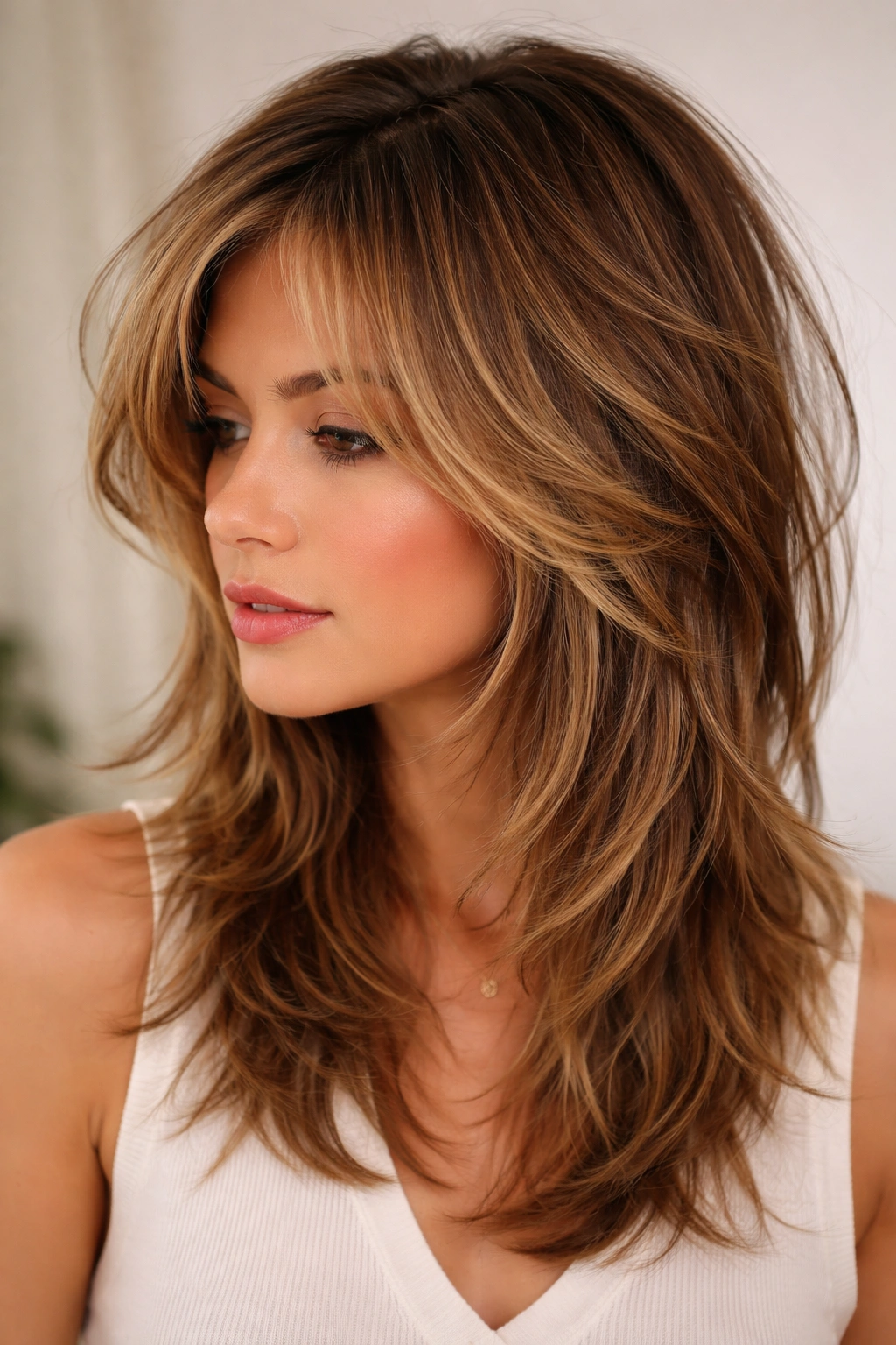 Close-up of a 90s-inspired layered hairstyle with choppy pieces and face-framing layers