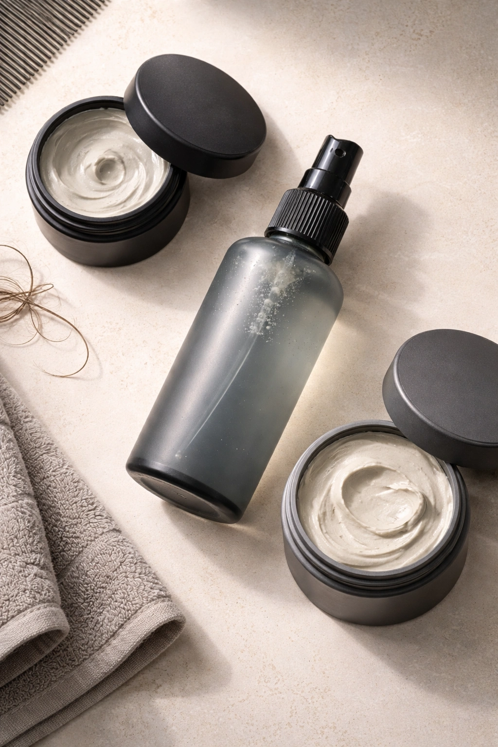 Top-down still life of unlabeled styling products for 90s looks