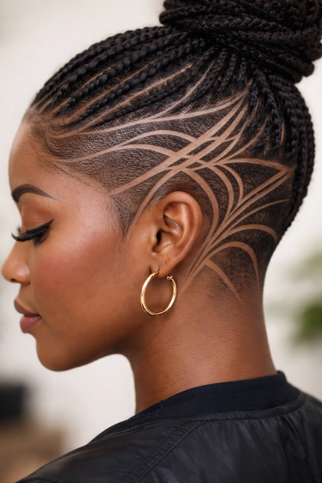 Close-up of a Black woman's scalp with abstract line design