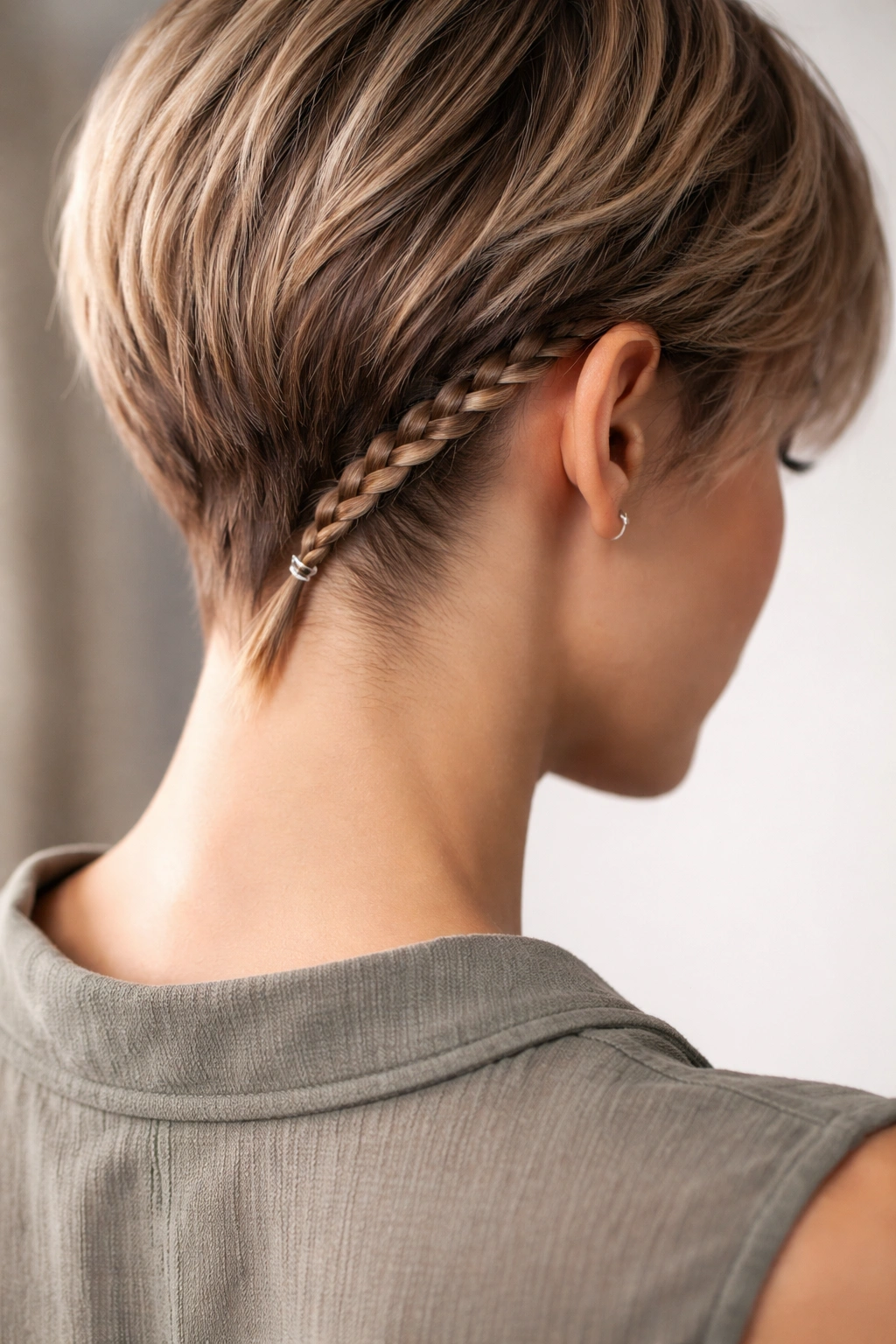 Close-up of the nape with a slim accent braid behind the ear on short hair
