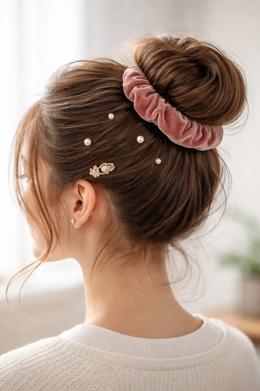 School bun with velvet scrunchie and pearl pins