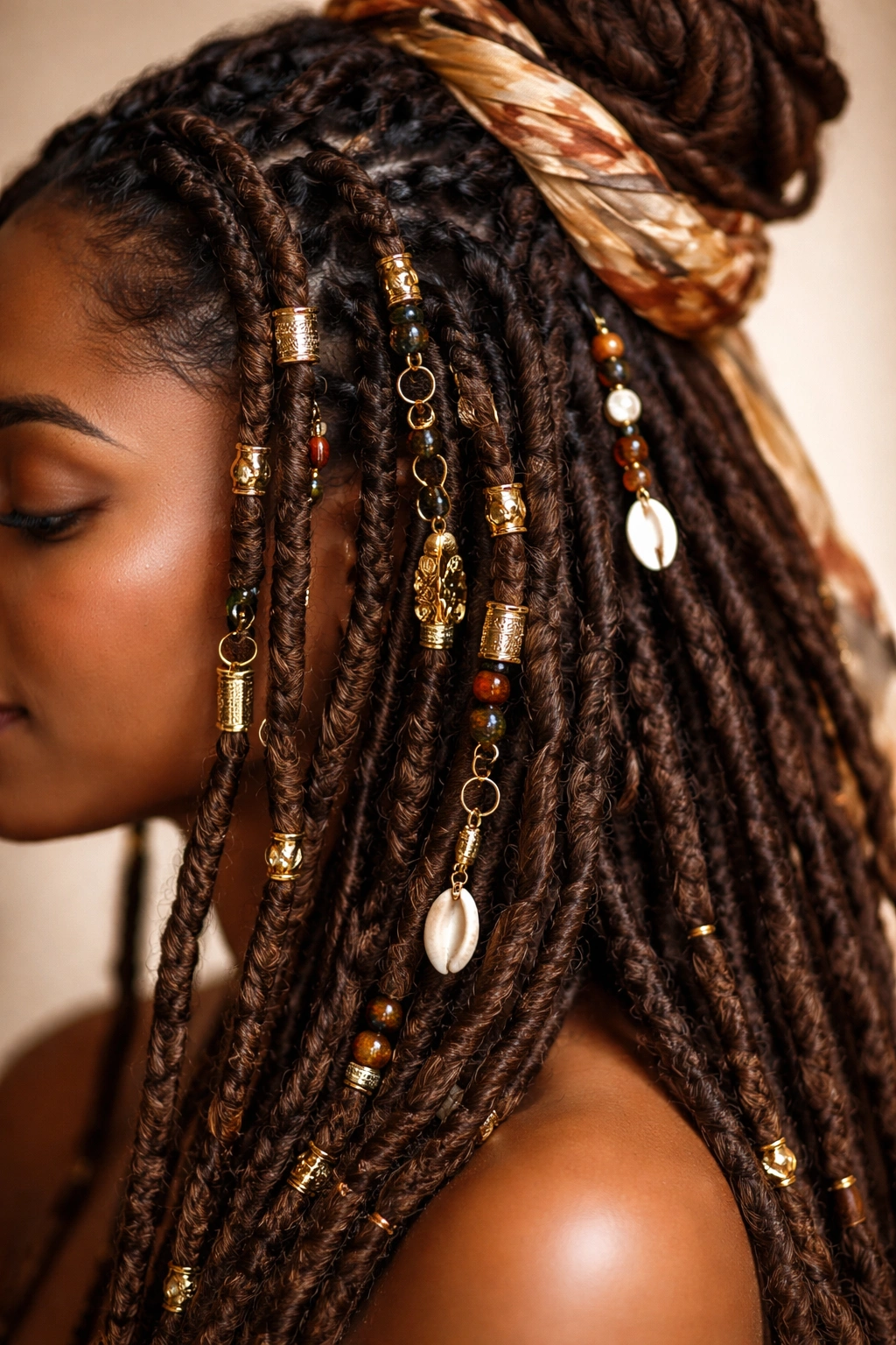 Goddess locs adorned with cuffs and beads highlighting accessories