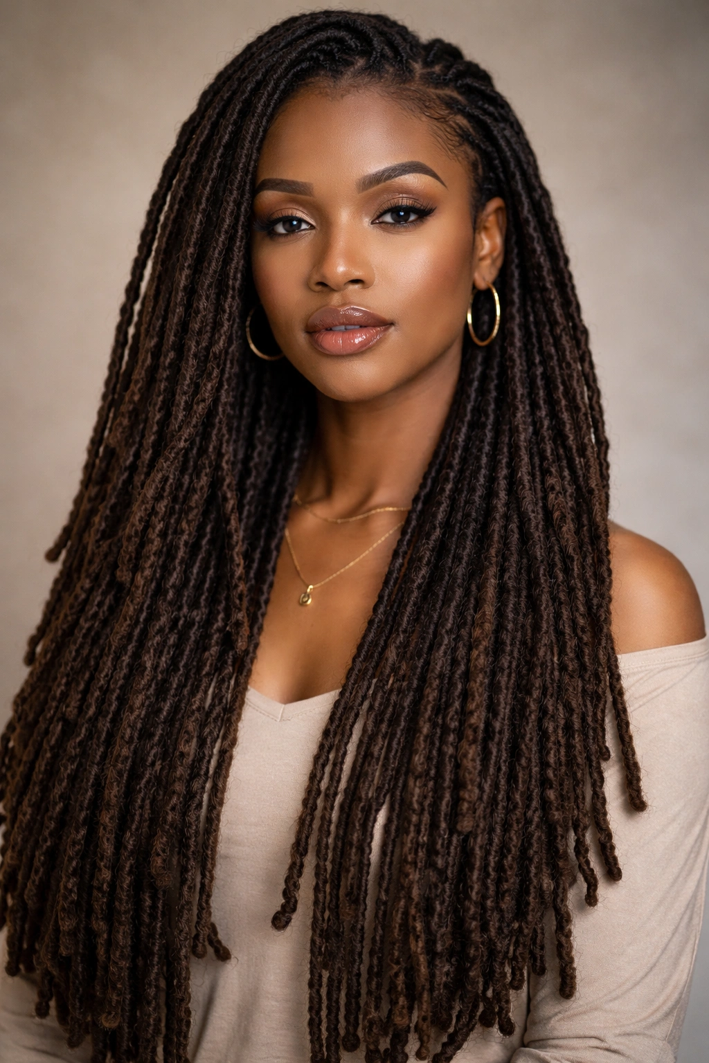 Model with mature actual locs and long rope-like dreadlocks