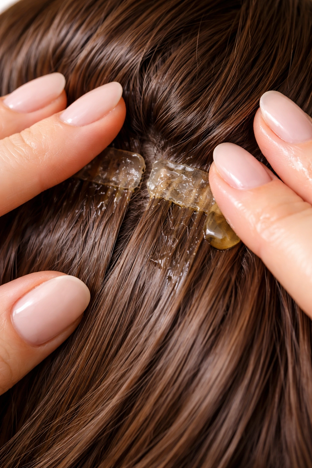 Adhesive residue being loosened from hair after tape-ins removal.
