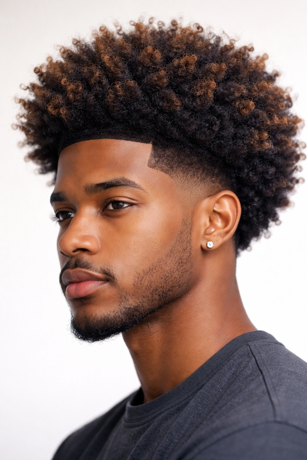 Afro hairstyle with caramel highlights adding dimension