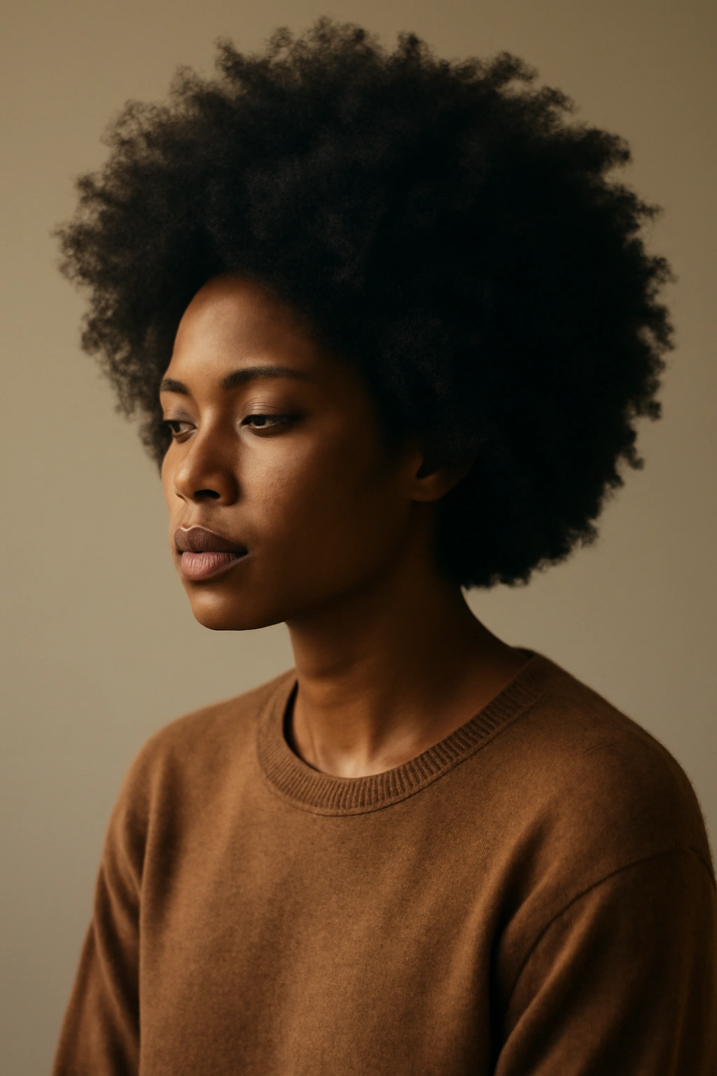 15 Afro Hairstyles for Every Length and Texture 16 Contemplative portrait of a person with a full afro in a minimalist studio