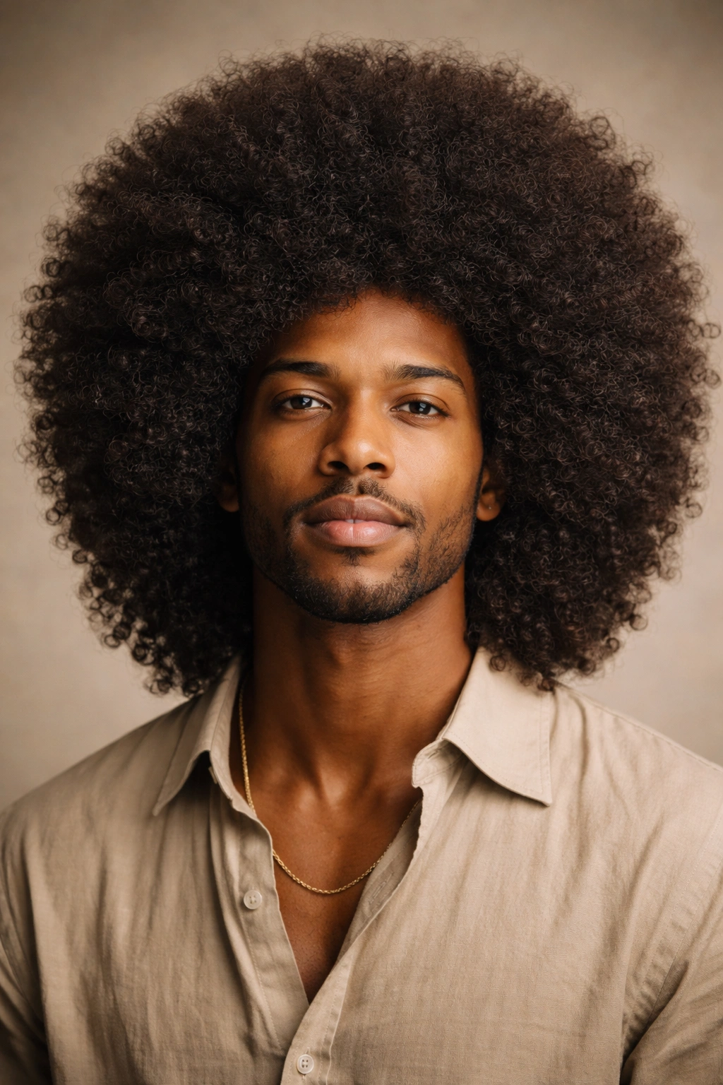 Full natural Afro hairstyle on a man with rounded voluminous silhouette