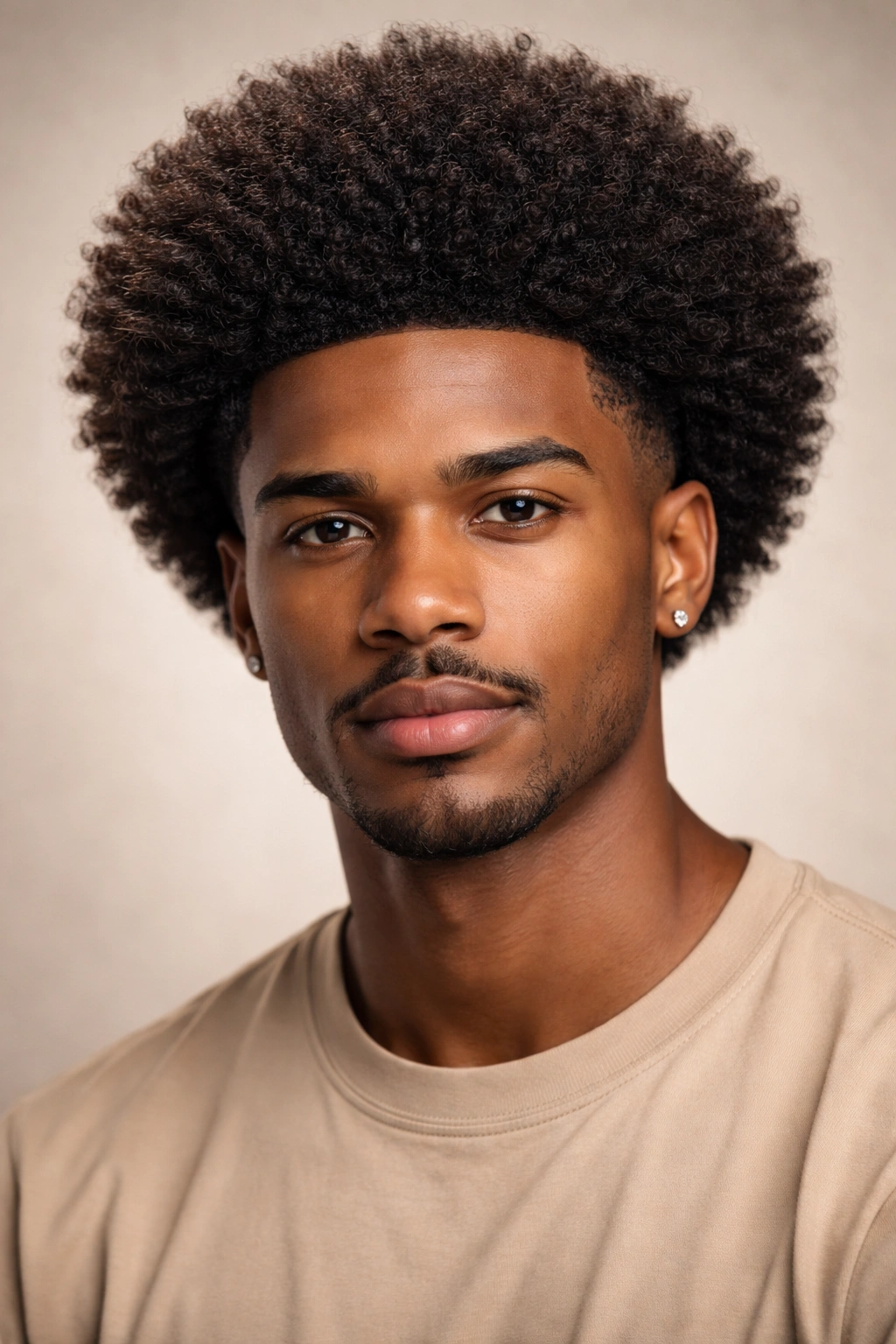 Close-up portrait of a person with a well-defined Afro hairstyle, showing textured curls and healthy shine