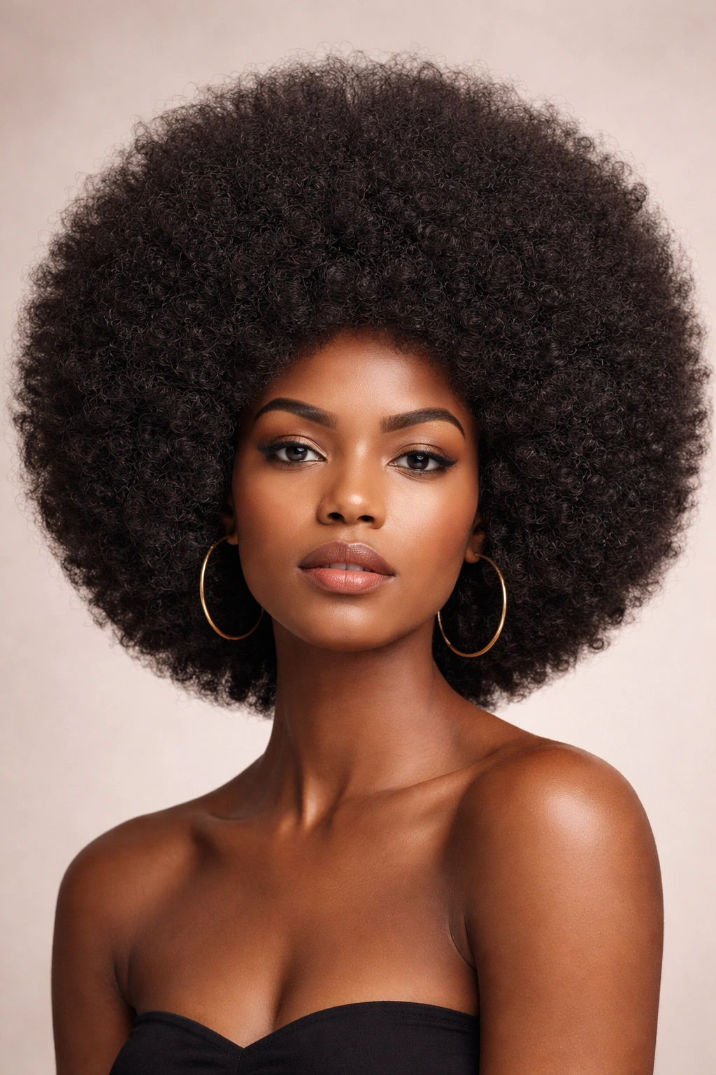 Large rounded Afro with natural curls.