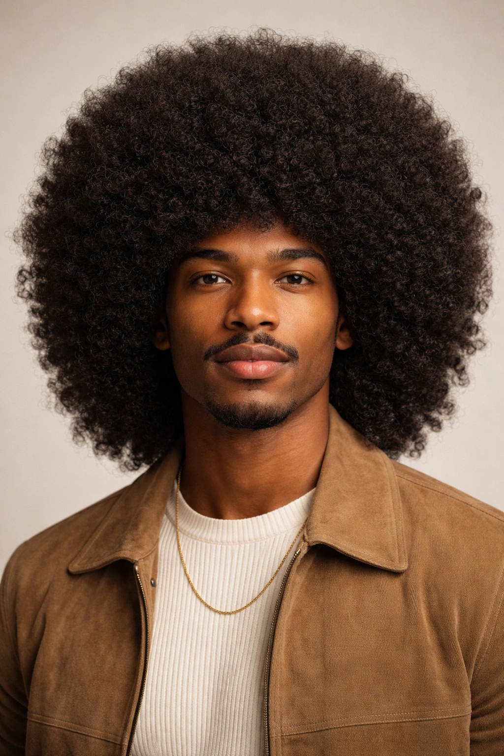 Natural Afro hairstyle with a rounded silhouette and dense curls