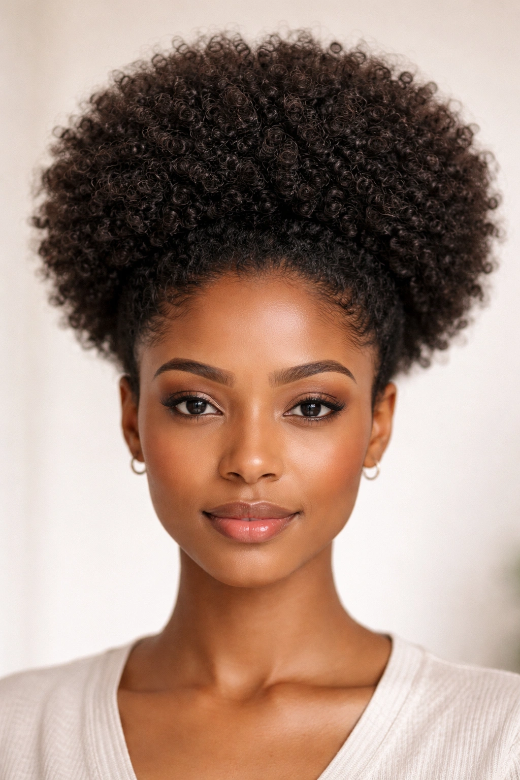 Front view of The Rounded Afro Puff with a rounded dome of tight coils