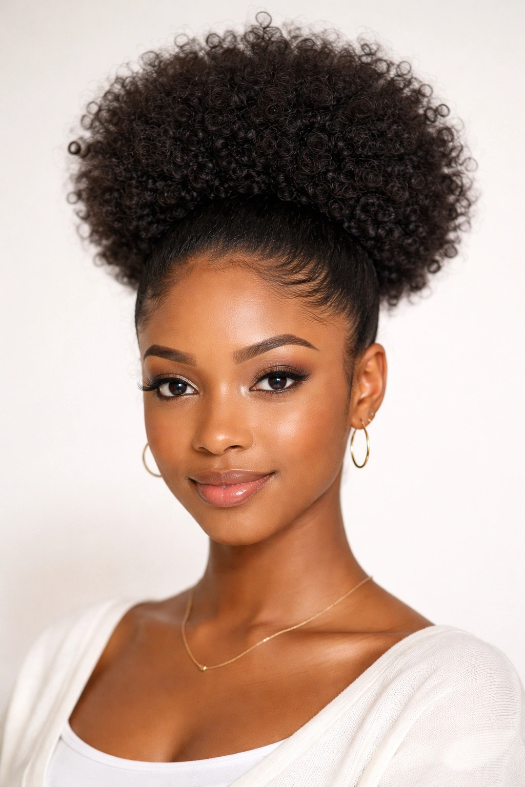 Frontal view of a person with a large Afro Puff highlighting volume