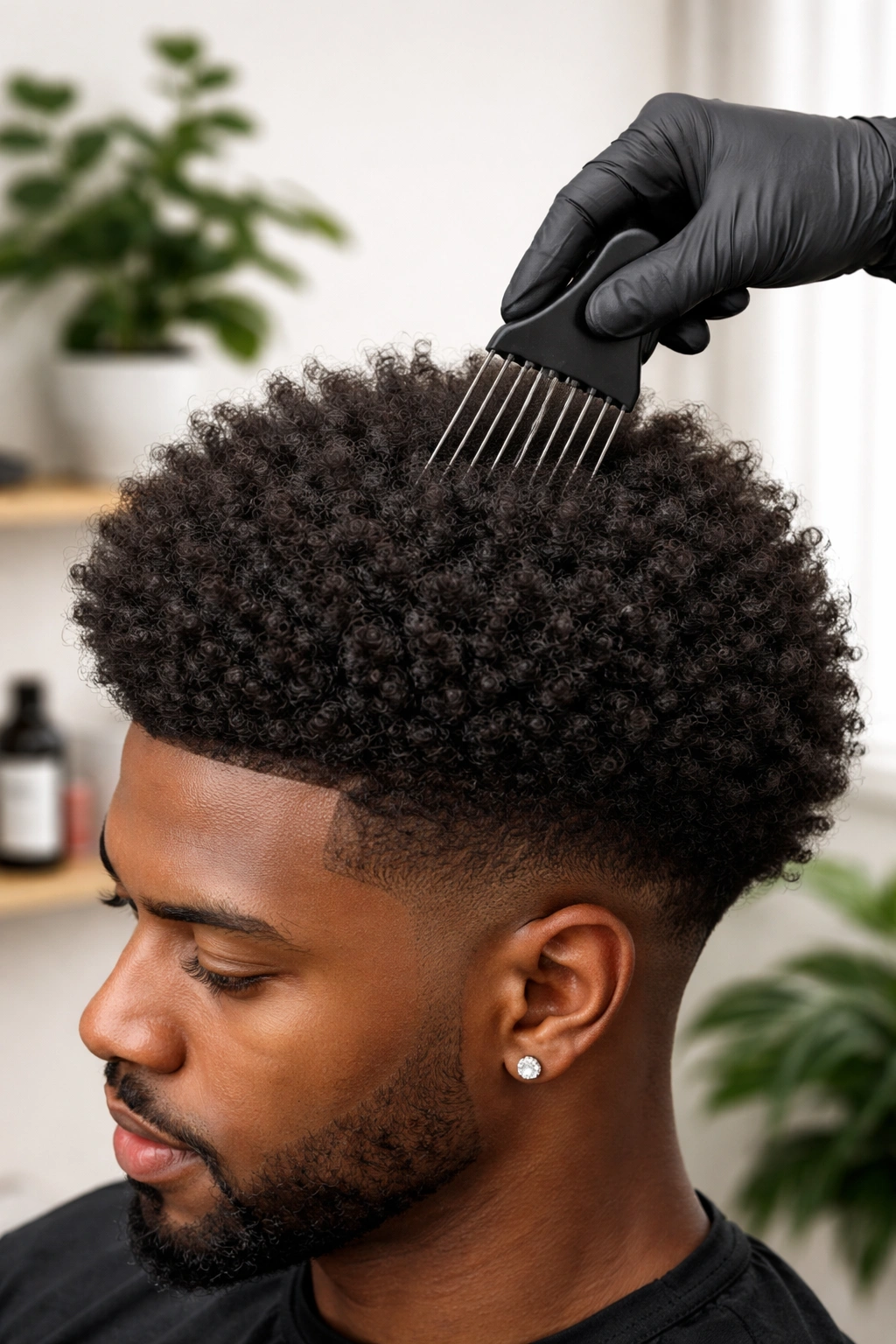 Close-up of afro hair being picked-out to create volume