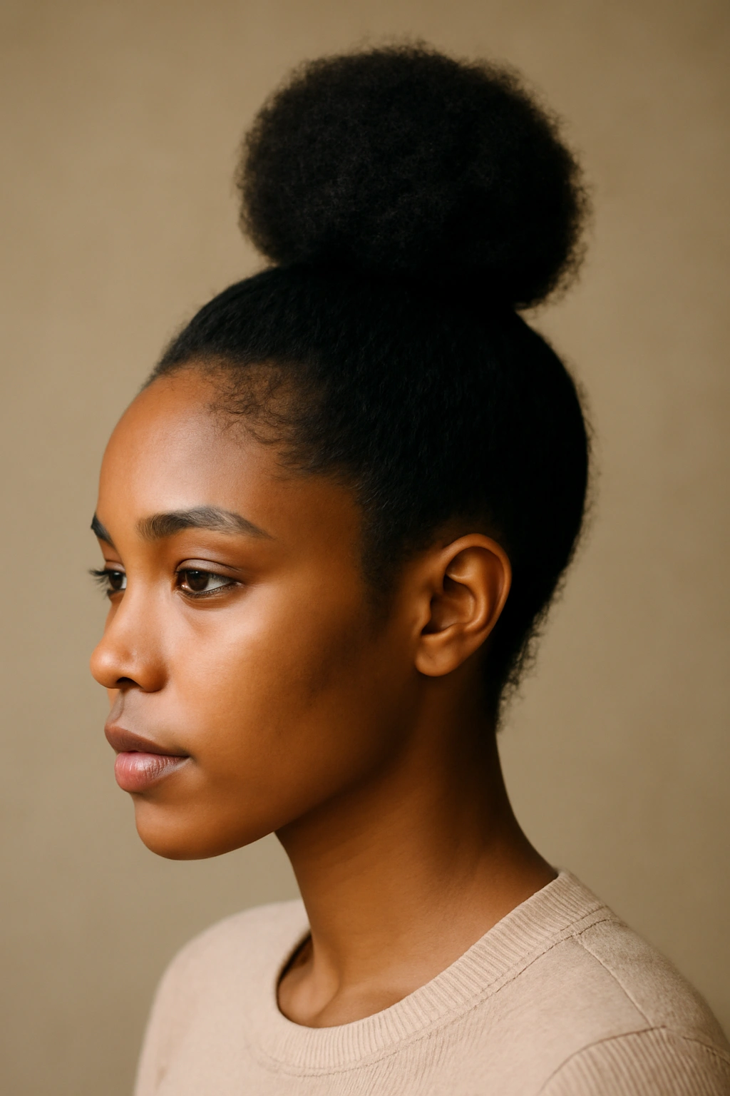 15 Afro Hairstyles for Every Length and Texture 13 Close-up of a high crown afro topknot with smooth edges in a neutral studio setting