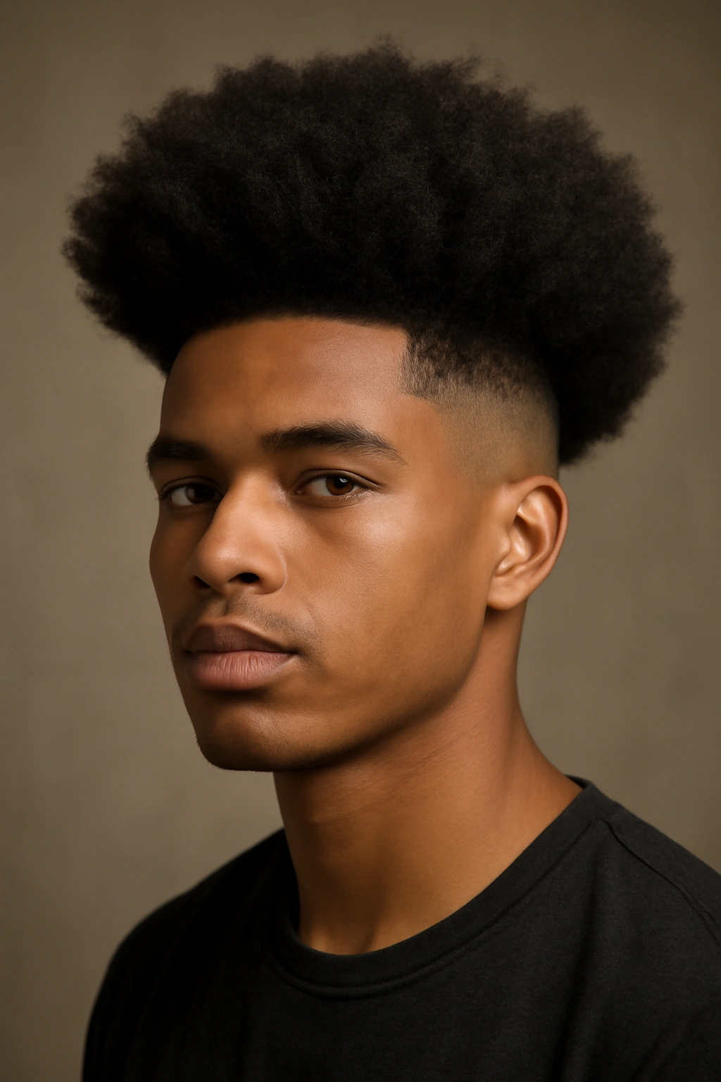 15 Afro Hairstyles for Every Length and Texture 8 Front view of an afro with shaved sides showing dramatic contrast and texture.
