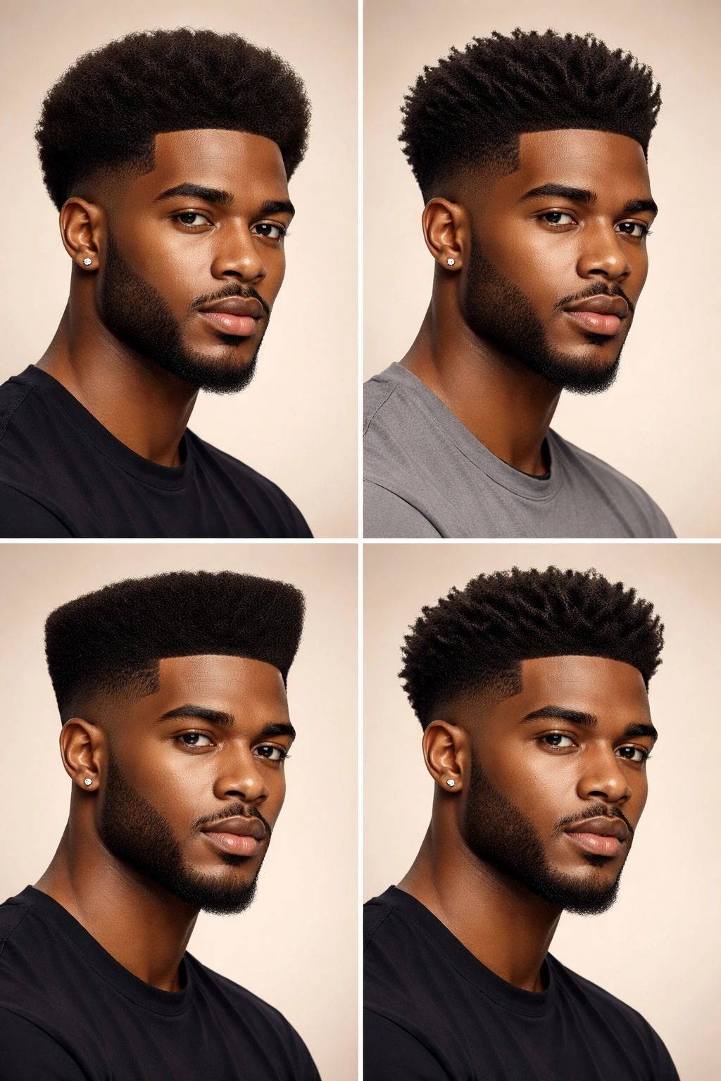 Quad-panel collage of a Black man with four Afro variations: rounded, tapered, flat top, textured with low fade