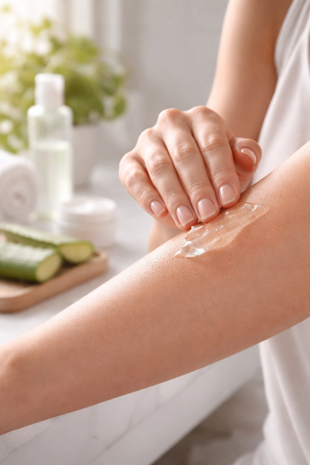Hand applying aloe vera to treated skin after electrolysis