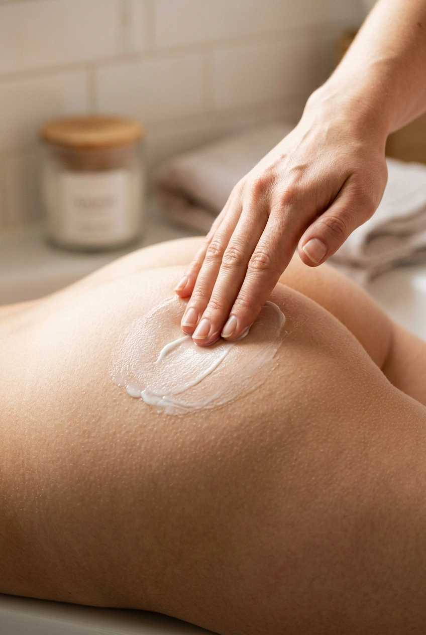 Close-up of buttock skin being moisturized with fragrance-free lotion after hair removal
