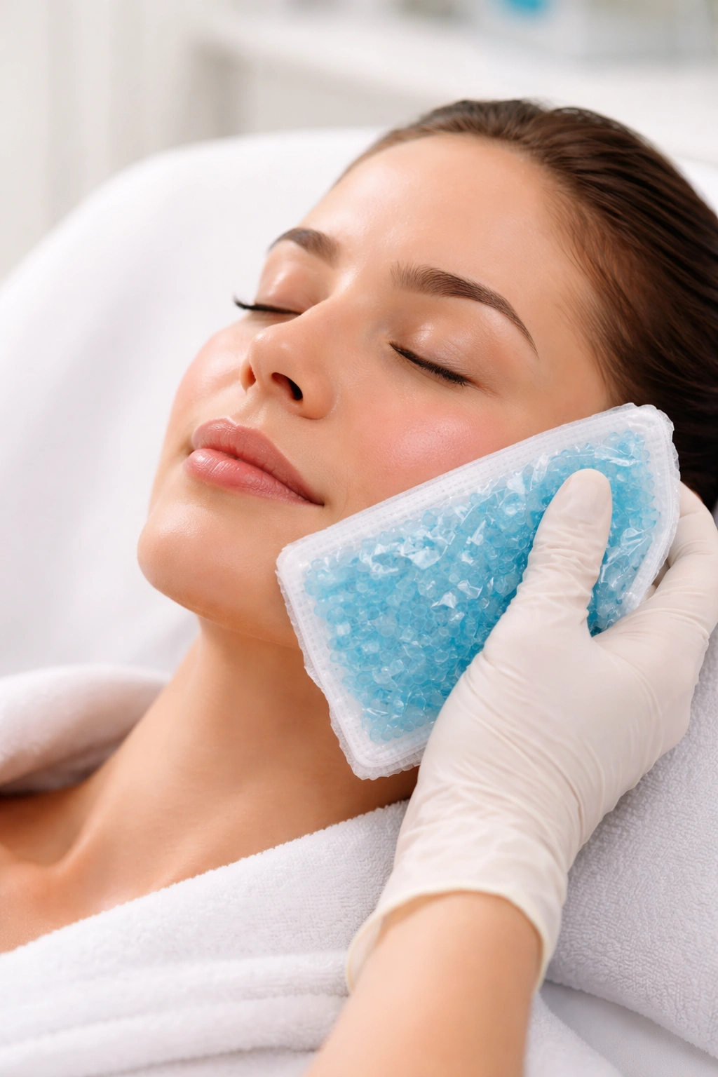 Cool compress applied to cheek after treatment in a clinical setting