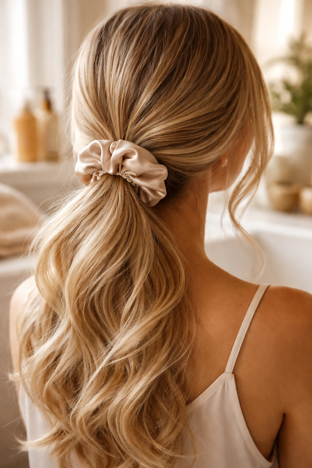 Hair tied with a soft satin scrunchie during aftercare routine