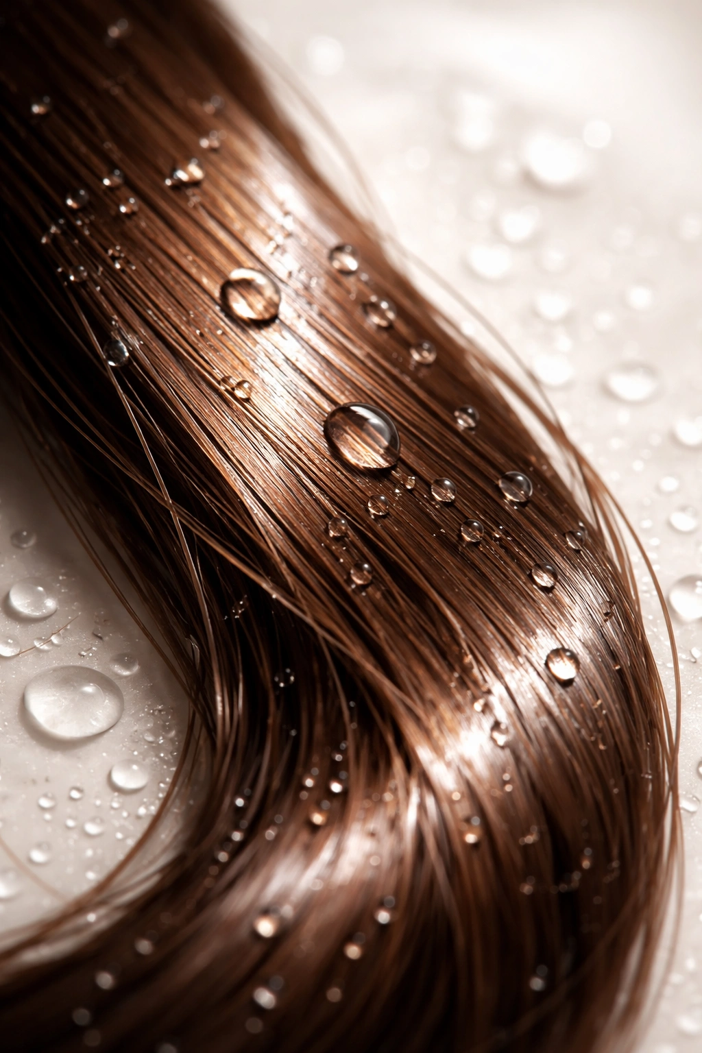 Glossy hair strand with high moisture shine on a neutral backdrop.