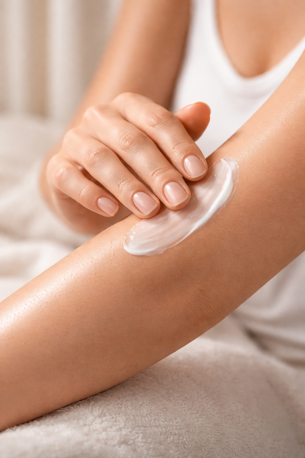 Hand applying moisturizer to cleansed skin after treatment