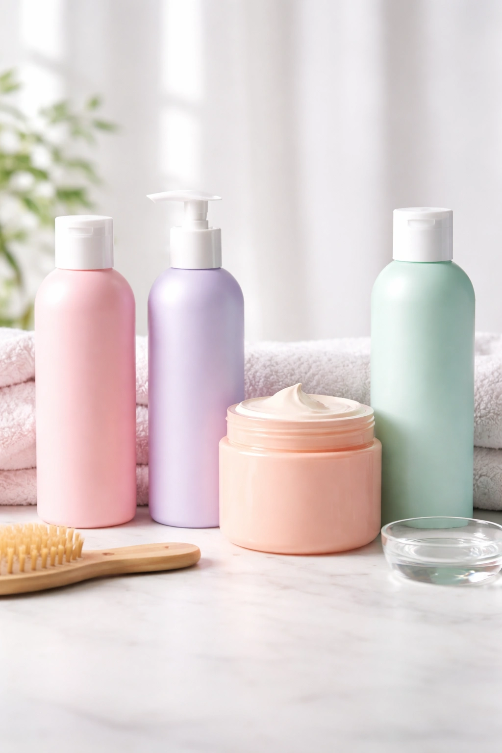 Row of sulfate-free color-safe shampoo and conditioner bottles on a clean surface