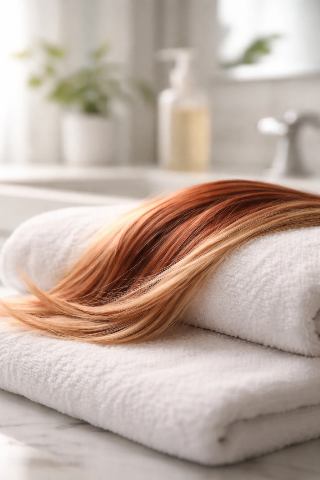 Color-treated hair strand resting on towel in a bathroom after coloring.