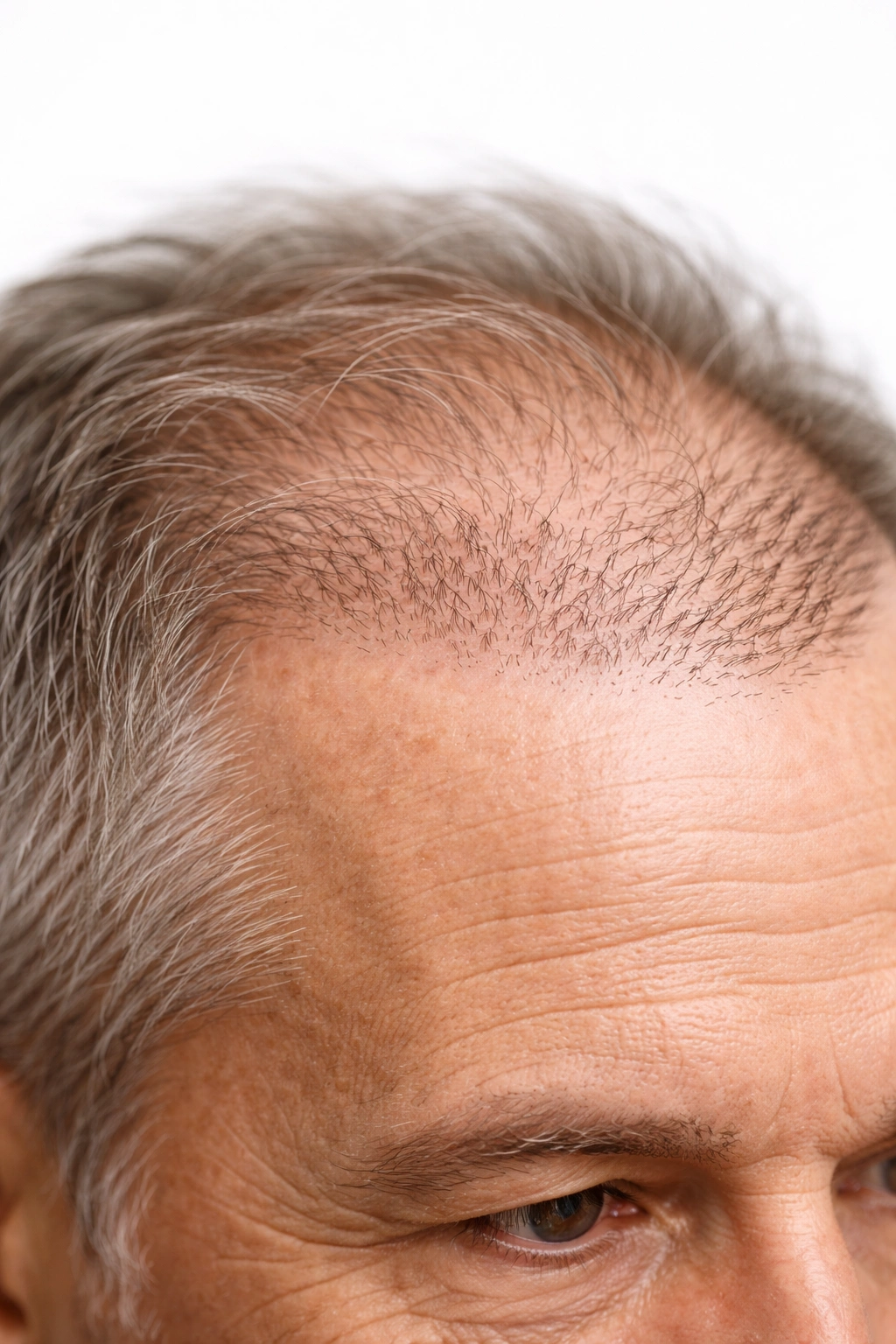 Close-up of scalp with aging hairline and thinning around transplanted area