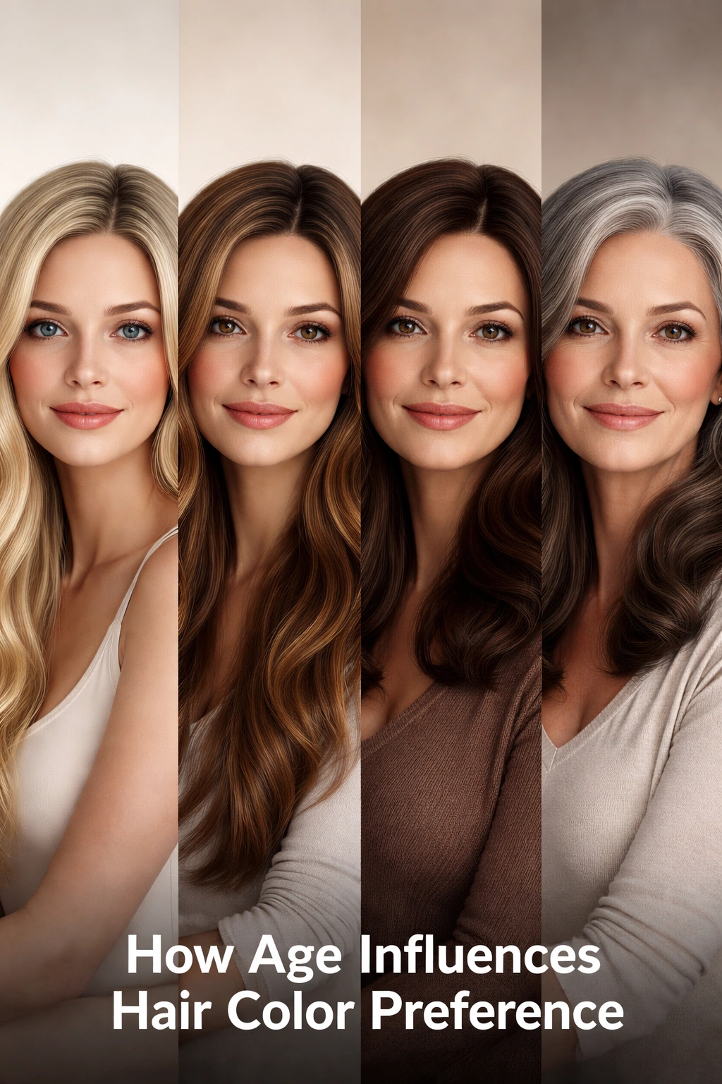 Portrait with hair color gradient from blonde to brunette showing aging influence