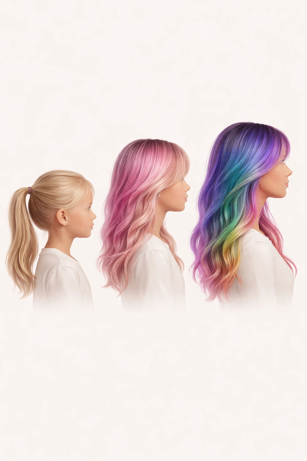 Silhouetted heads showing stages of life to illustrate age considerations for hair dye safety.