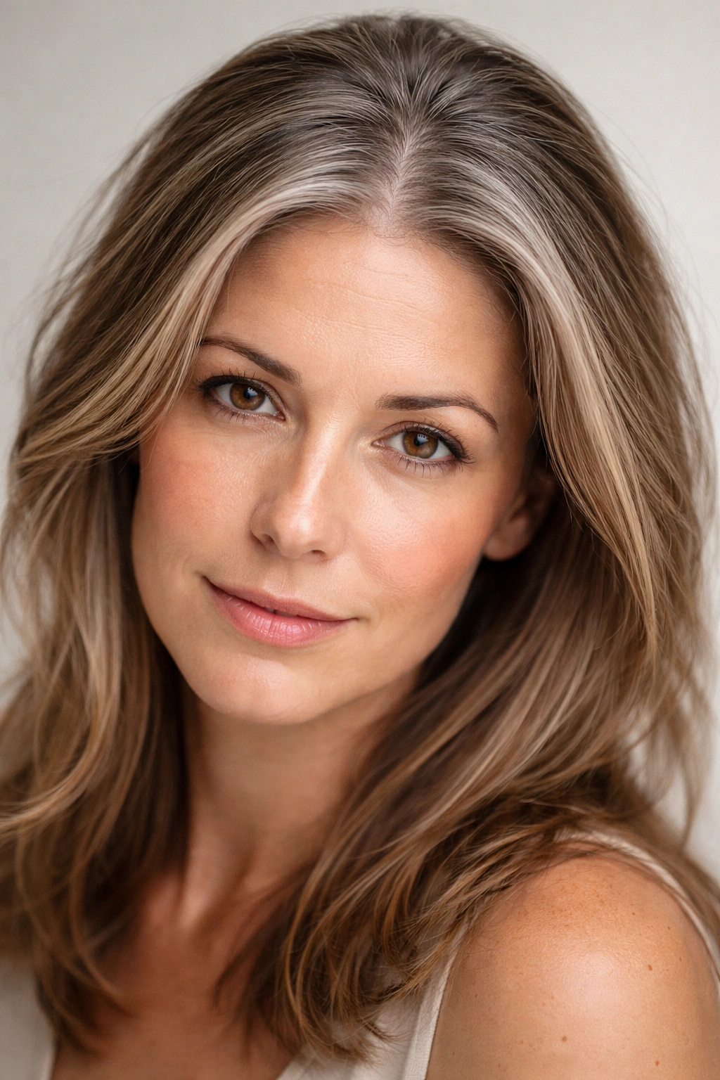 Close-up of a woman's aging hair with gray roots and texture changes