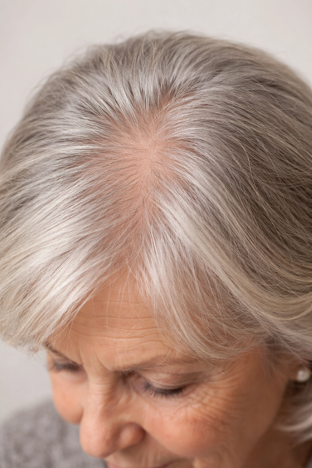 Close-up of aging hair showing thinning, finer strands, and gray roots