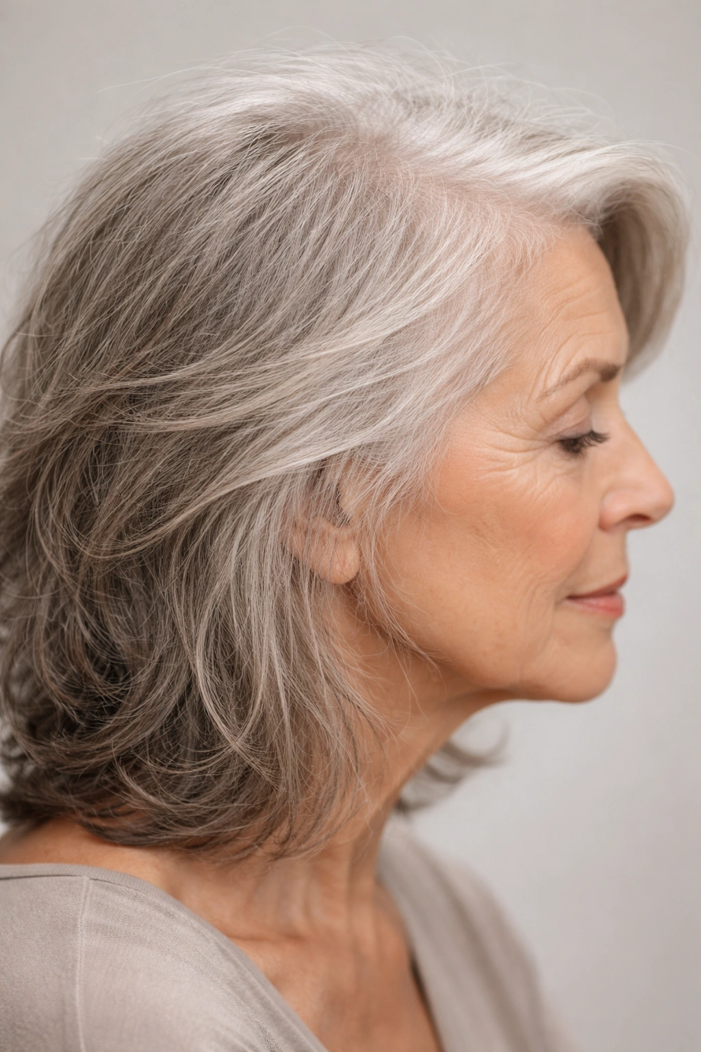 Close-up profile of a mature woman's hair showing thinning and dry texture