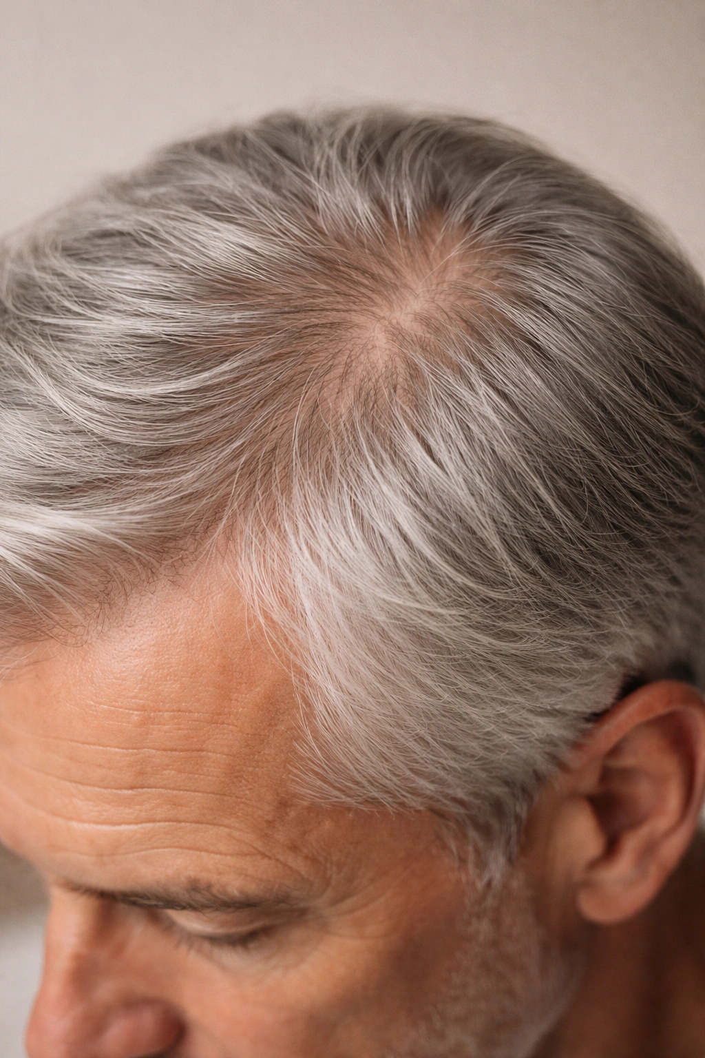 Close-up of graying, thinning hair on a man in his 60s.