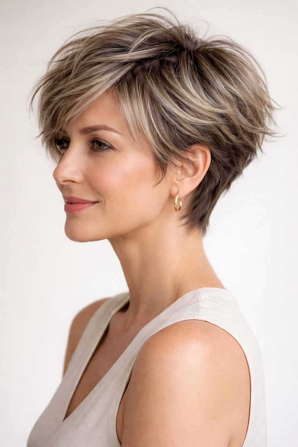 Side-profile of an airy pixie with wispy ends, ash highlights, and lift