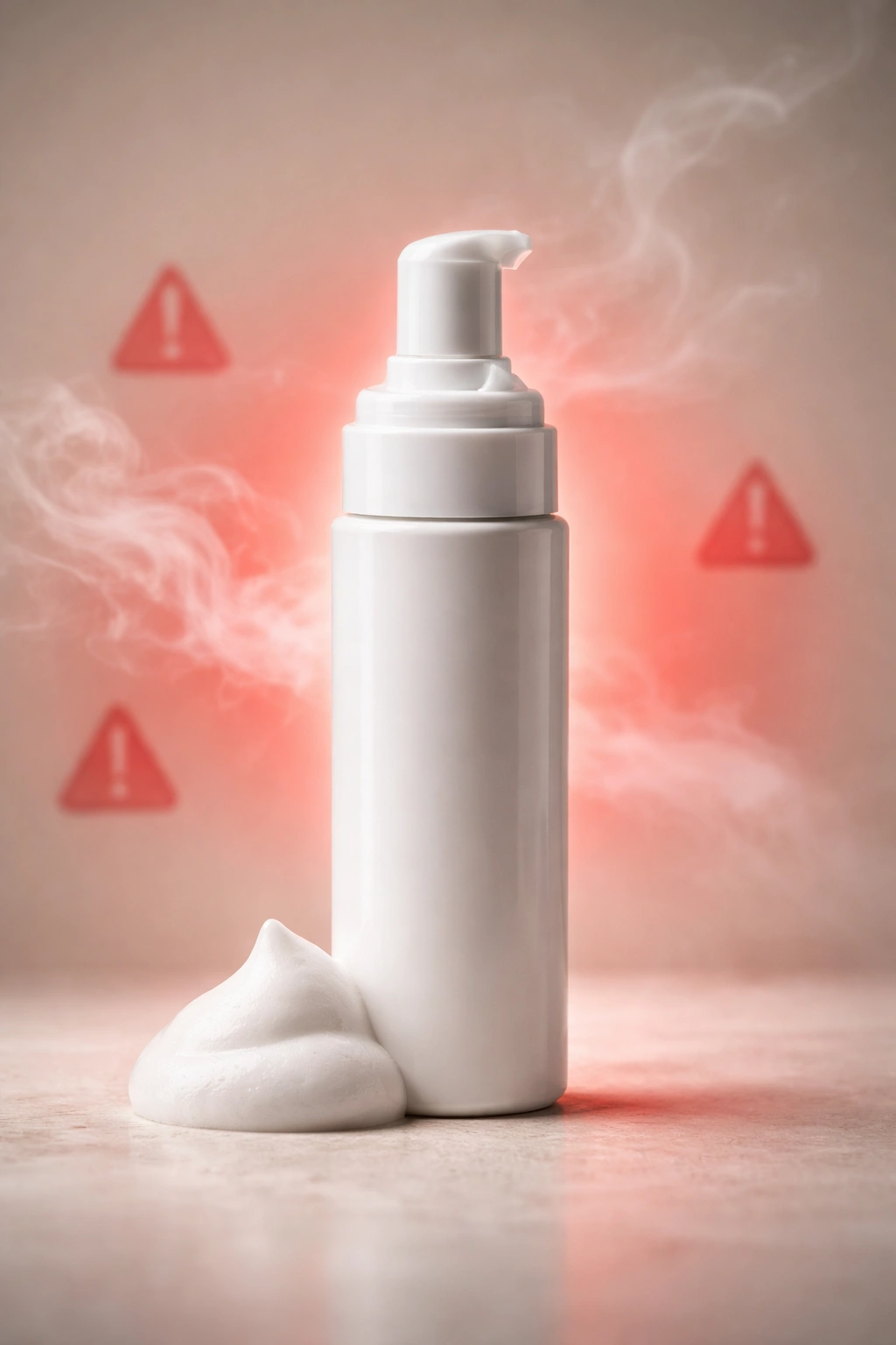 Mousse bottle with subtle red glow indicating ingredient concerns