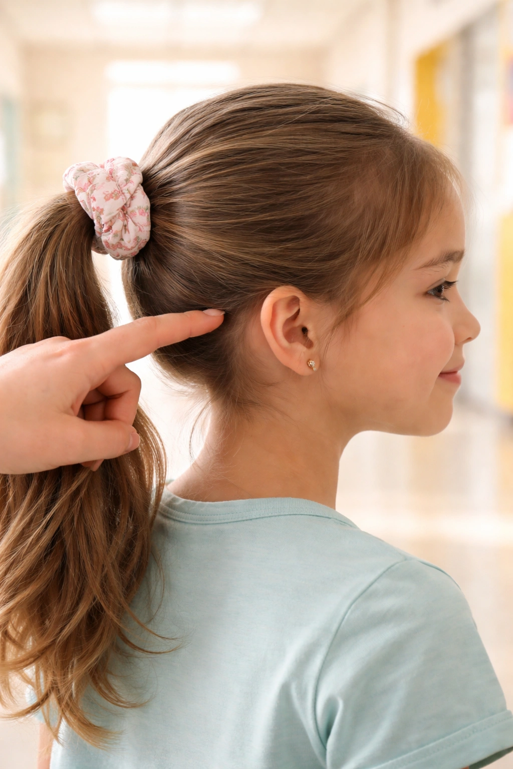 Child with a loose ponytail and scrunchie showing comfortable tension
