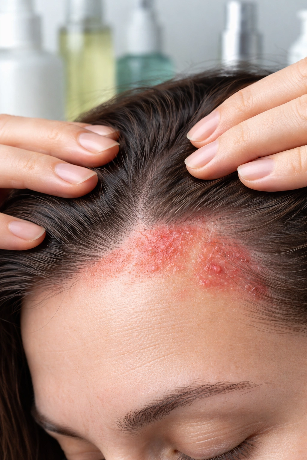 Close-up of irritated scalp with red patches from allergic dermatitis