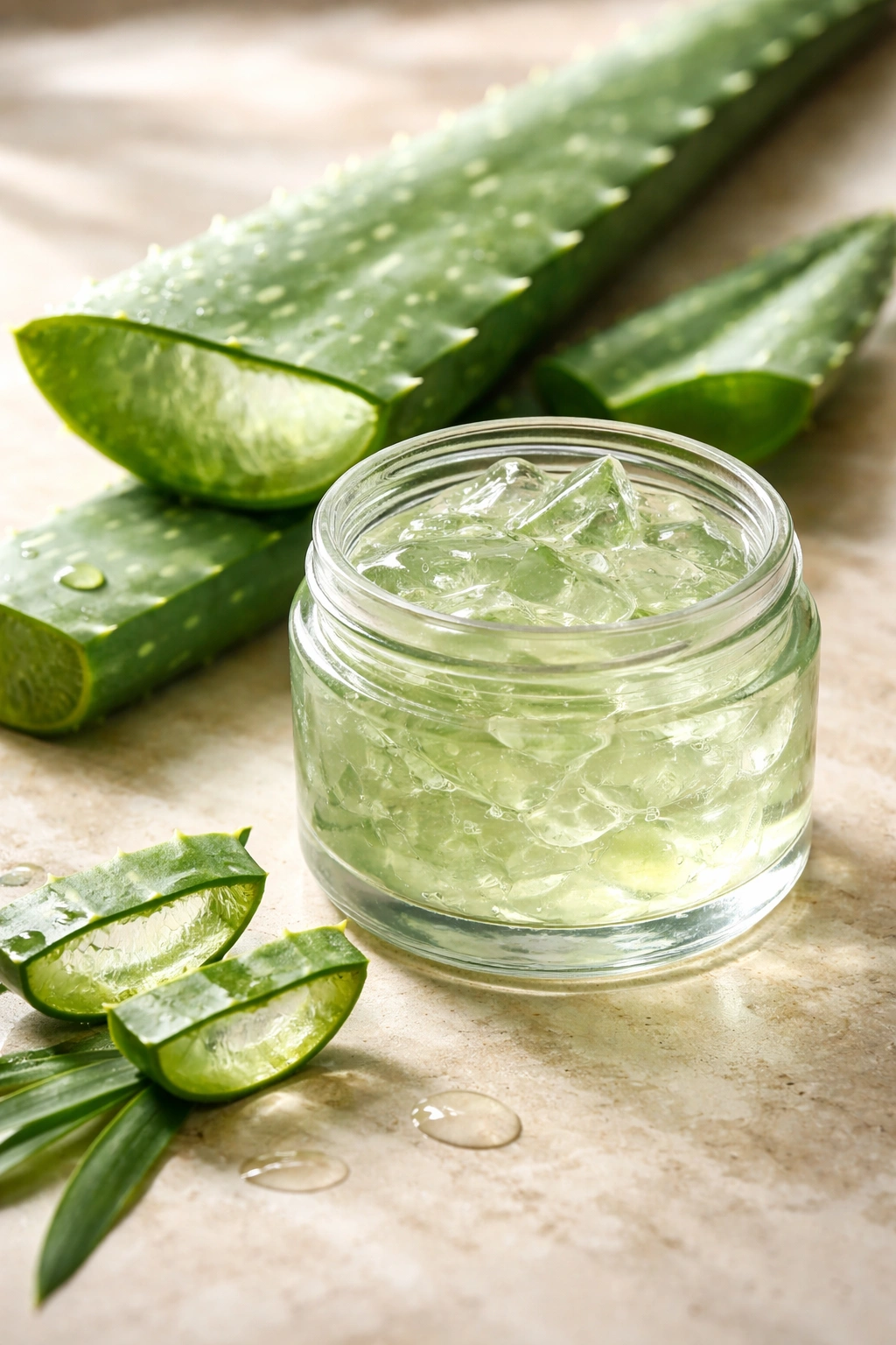 Aloe vera gel in jar with fresh aloe leaf on neutral background