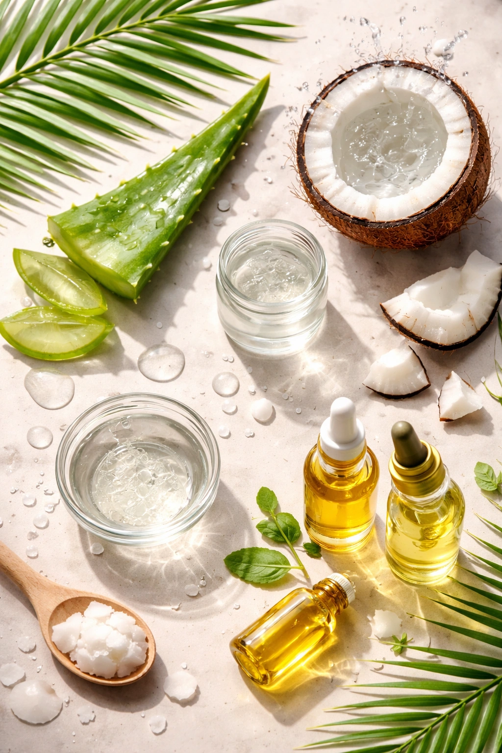 Flat lay of curl mousse ingredients including aloe vera, coconut water, glycerin, and natural oils.