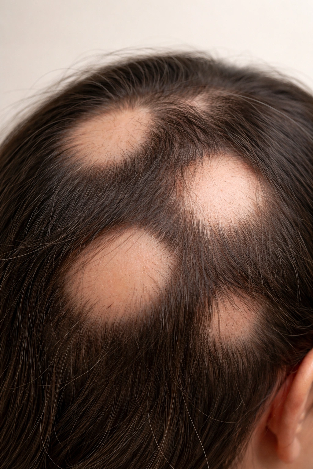 Scalp with circular bald patches indicative of alopecia areata.