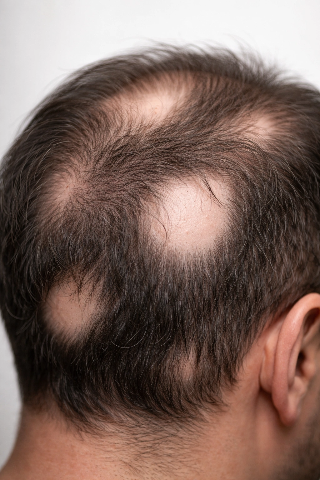 Scalp with patchy hair loss characteristic of alopecia areata