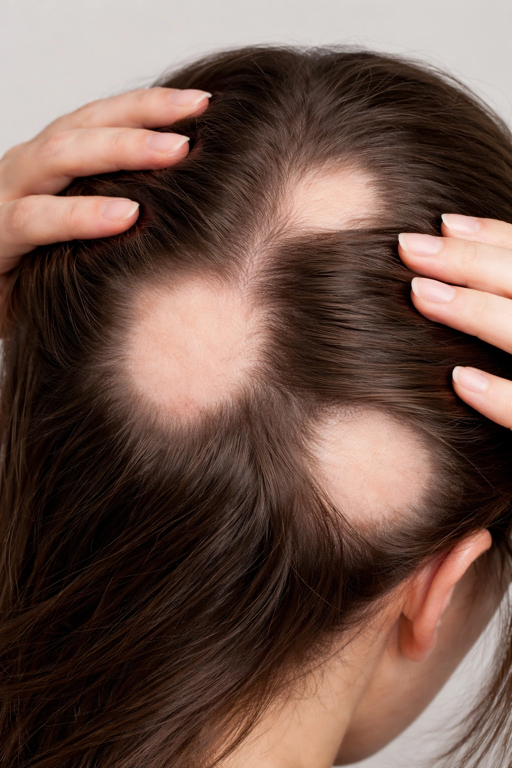 Scalp with round alopecia patches indicating autoimmune hair loss