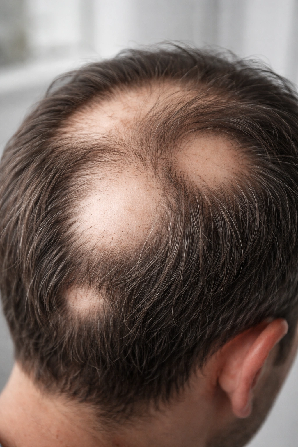 Scalp with patchy thinning patches and subtle regrowth