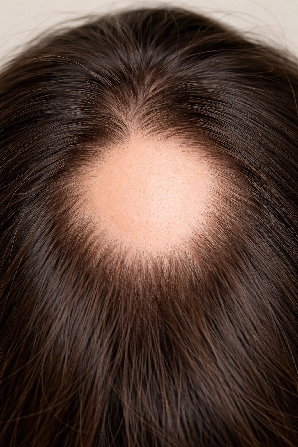 Scalp with round bald patch characteristic of alopecia areata.